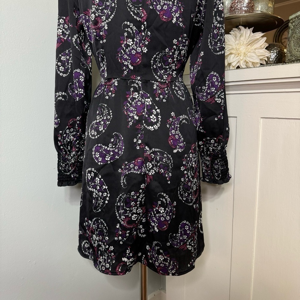 LOFT Paisley Smocked Flared Long Sleeve Floral Dress Black Purple White 8 - Picture 10 of 13